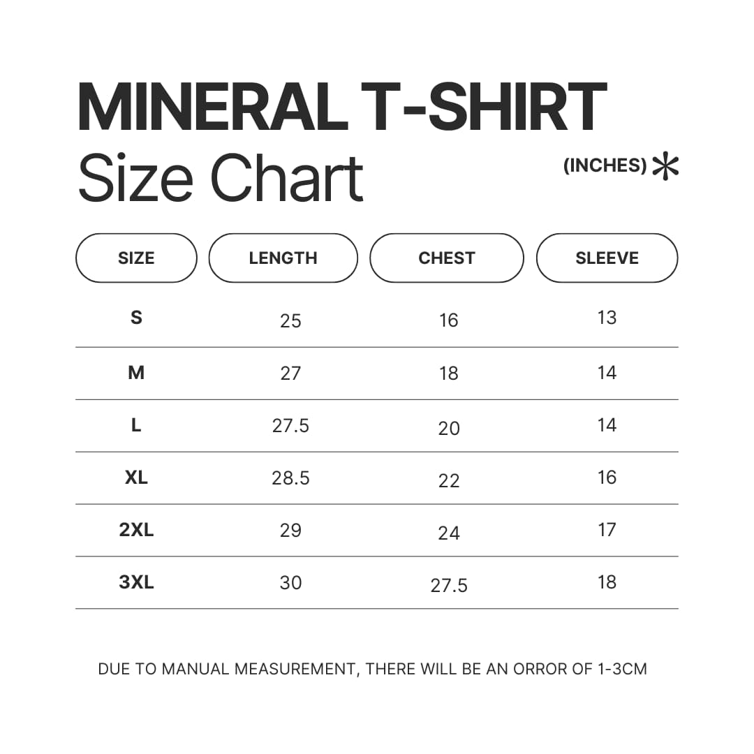 Mineral Wash T shirt Size Chart - Harajuku Shop