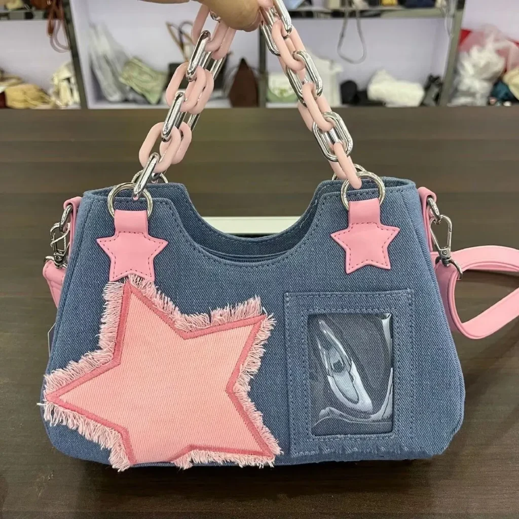 Y2K Vintage Korean Fashion Shoulder Underarm Harajuku Star Tote Denim Bag Chain Ladies Bags Zip Purses 2 - Harajuku Shop